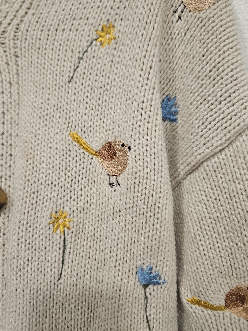 Embroidered Bird Cardigan - Cream and Brown